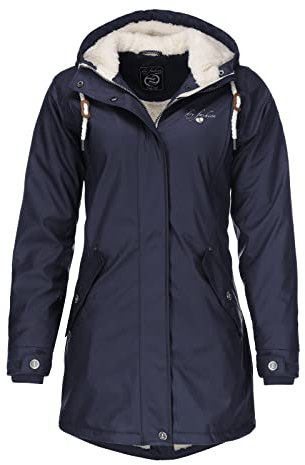 Dry Fashion Damen Regenmantel Malmö - Frauen Regenjacke Jacke mit Kapuze Lang Winddicht Wasserdicht Gefüttert mit Teddyfleece in Navy Größe 38