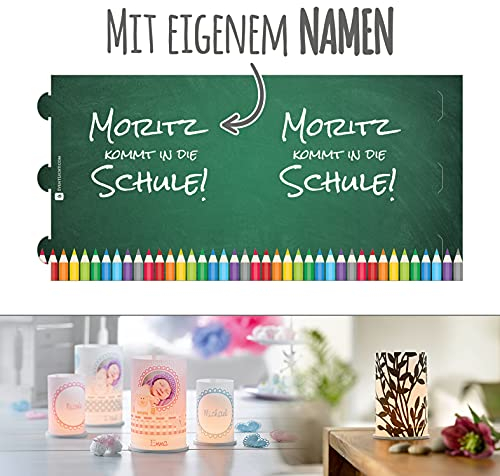 Windlichter mit Ihrem Namen von EventLicht.com | 3 Stück inkl. Untersetzer | Motiv: Schulanfang | Tischdeko zur Einschulung mit eigenem Namen selbst gestalten