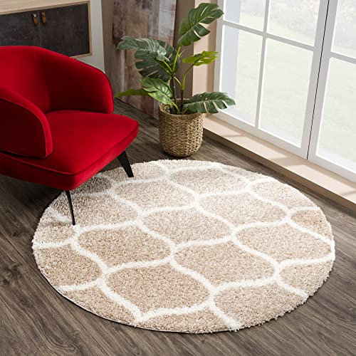 SANAT Madrid Shaggy Teppich Rund - Hochflor Teppiche für Wohnzimmer, Schlafzimmer, Küche - Beige, Größe: 120 cm
