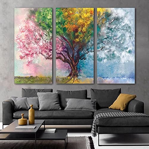 HIPWST Cuadros 4-Jahreszeiten-Baum-Bilder für Heimdekoration, abstraktes buntes Poster, Wandkunst Wohnzimmer, Landschaft, rahmenlos, 50x70cmx3
