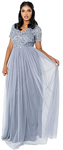 Maya Deluxe Damen Ballkleid Abendkleid V-ausschnitt Maxi Länge Pailletten Kurze Ärmel Für Hochzeit Geburtstag Brautjungfer Bridesmaid Dress, Blau, 46 EU