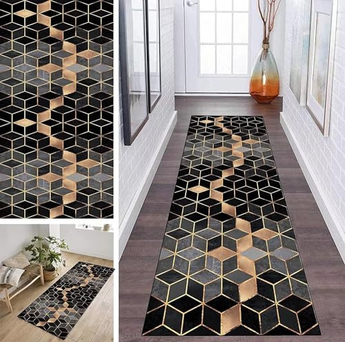 ZDYHMrj Teppich Läufer Flur rutschfest Grau Schwarz und Gold Korridor Teppichläufer Waschbar Modern Küche Schlafzimmer Wohnzimmer Läufer Teppich Breite 60cm/ 70cm/ 80cm/ 90cm/ 100cm (Size : 80x400cm)