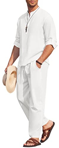 COOFANDY 2-teiliges Herren-Set aus Baumwoll-Leinen, lässig, langärmelig, Henley-Shirt, Strandhose mit Taschen, Sommer-Yoga-Outfits