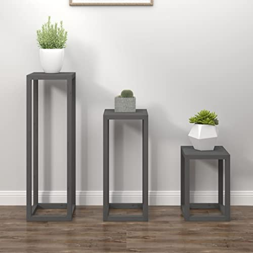 DCRAF Colour: Grey-3 Piece Plant Stand Set Grey Solid Wood Pine