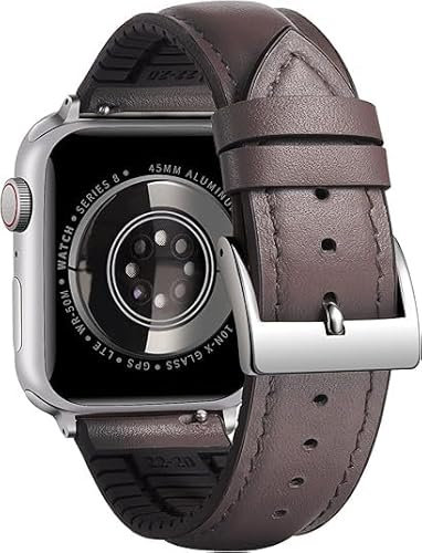 BINLUN Cinturino in Pelle Silicone Compatibile con Apple Watch 42mm 44mm 45mm 46mm 49mm Microperforazioni Pelle e Gomma Ibridi Cinturini Adatto per iWatch Uomo Donna(Fibbia Argento,Marrone)
