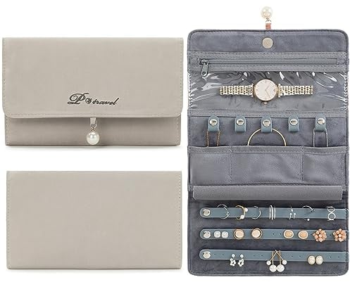 VanFn Rouleaux de bijoux, organisateur de bijoux de voyage, étui à bijoux pliable, sac de rangement pour bijoux pour femmes, pour bagues, colliers, boucles d'oreilles, bracelets, montres, broches
