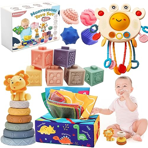 5 in 1 Baby Spielzeug ab 6 9 12 Monate, Montessori Spielzeug Baby, Motorikspielzeug, Stapelspielzeug Blöcken, Tissue Box, Quetsch Bälle Babyspielzeug ab 6 Monate,Geschenk Junge Mädchen 1 Jahr