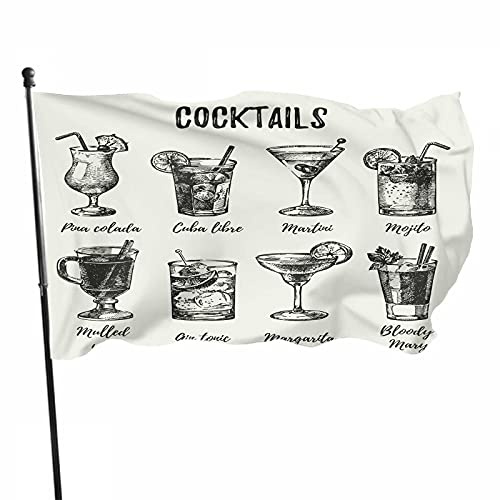 Dekorative Cocktail-Flagge, 90 x 150 cm, Retro-Skizzen-Set mit alkoholischen Cocktails, Weinglas, Strohhalm, Vintage-Polyester, Outdoor-Dekorationen, saisonale Banner, Hofdekoration