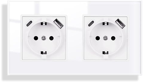 JIMEIDA Glas Doppelsteckdose mit USB Weiß Unterputz, USB A und Typ C Port max.2.1A, 16Amp Gehärteter Glasscheibe Steckdose 157mm*86mm,2 Fach,250V