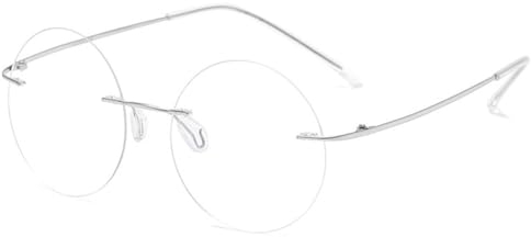 MAGIMODAC Runde Lesebrille Damen Herren Randlos Blaulichtfilter Brille Titan Computerbrille lesehilfe Sehhilfe mit Sehstärke Silber 0.00