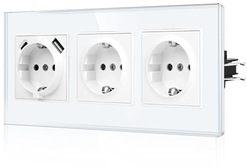 CNBINGO USB Dreifachsteckdose mit Krallen - Glas Schuko Steckdose Unterputz mit USB Anschluss - 1× (Typ-C und USB-A Max.2,1 Amp) - Dreifach Weiß Wandsteckdose mit Kindersicherung - JFGM1