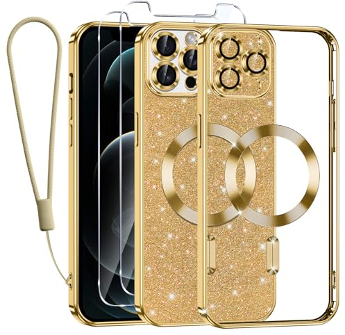 Kokio Handykette für iPhone 12 Pro Hülle mit Band, [Kompatibel mit MagSafe] Glitzer Magnetisch Handyhülle für iPhone 12 Pro mit 2 Stück Schutzfolie Stoßfeste Silikon Schutzhülle, Gold