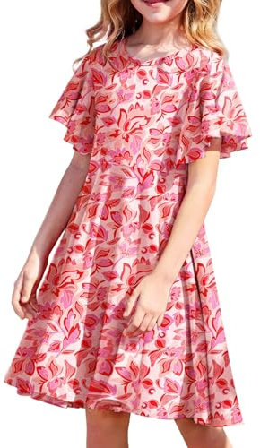 Arshiner Girls' Dresses Summer Floral Dress Short Sleeve Elegant Party Princess Dress Beach Hawaii Birthday Wedding Casual Children's Dresses with Pocket 140 Age 9-10