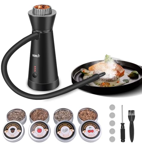 BORUIT Fumeur Portable, Infuseur de Fumée en Alliage d'aluminium avec 4 Paquets de Copeaux de Bois, Pistolet à Fumée pour la Cuisine, Viande, Saumon, Cocktails, Fromage, Barbecue (noir)