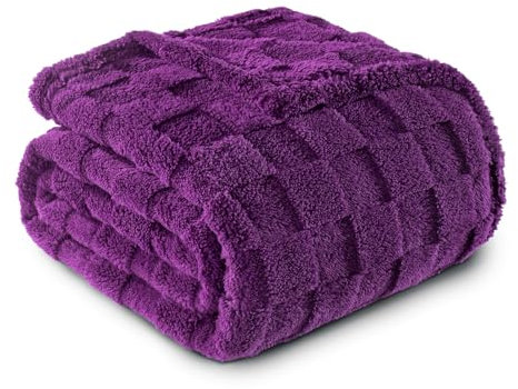 Exclusivo Mezcla Coperta Plaid Pile di Flanella per Divano, 150x200 CM Coperta Letto Singolo Matrimoniale con Motivo a Scacchi, Morbida e Calda, Viola