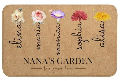 Jacklin F Personalised Front Doormat for Grandma Mama, Custom Birth Month Flower Door Mat, Welcome to Nana‘s House Rug, Grandma's Garden Front Entrance Door Mat for Her, Mom, Grandma