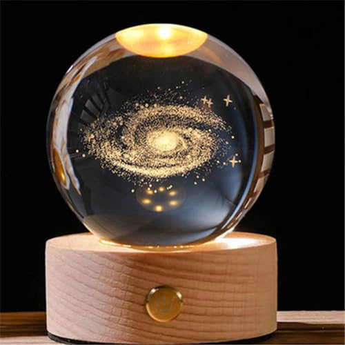 Starnearby 3D Kristallkugel Nachtlicht, 80mm 3D Sonnensystem Planeten Lampe, Glaskugel Lampe mit Holzsockel, USB Wiederaufladbar Touch Nachtlicht Kinder Astronomie Geschenk (Galaxy)