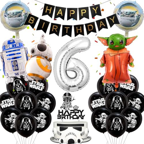 Star Krieg Luftballons Geburtstag Deko 6 Jahre Junge- Sterne Wars Geburtstagsdeko 6 Jahr Yod Ballon Girlande Tortendeko Roboter Folienballons Birthday Banner für Kindergeburtstag Party Supplies Deko