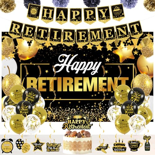 Happy Retirement Party Decorations - Includes Happy Retirement Banner Backdrop, Banner, Retire Poster, 8 Hanging Swirls, 6 Paper Poms, 18 Balloons, and a Big Cake Topper (Gold)