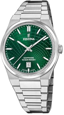 Festina Swiss Made Herrenuhr Analog aus Edelstahl 316l Silberfarben | Quarz, Kalender, Widerstandsfähiges Saphirglas, Wasserdicht 10 ATM F20051/5 Rive Collection