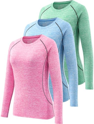 Ullnoy 3 Pack Women's Long Sleeve Gym Tops Quick Dry Workout Running T Shirt Breathable Yoga Sports Crew Neck Thermal Undershirt Green/Blue/Pink M
