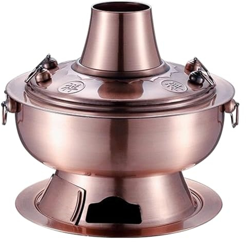 TraditionalChinese copper hot pot,Vintage Copper Hot Pot Charcoal Shabu Shabu Hot Pot Stainless Steel Chinese Cooker Cookware with Chimney(Red Copper,30cm)