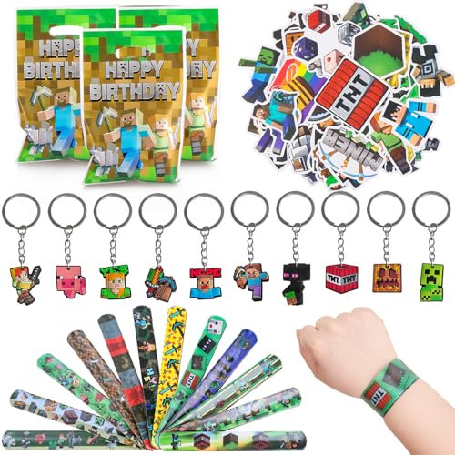 Fzyisw 82 pezzi Miner Gaming Party Bag Fillers 10 portachiavi da gioco + 12 braccialetti da gioco + 50 adesivi da gioco + 10 sacchetti per feste di gioco, forniture per feste minatori Goodie Bag