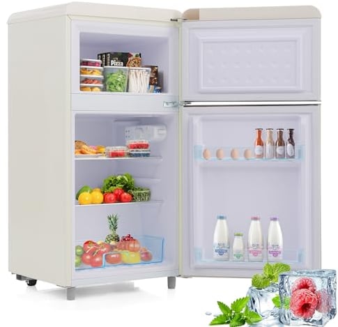 Merax Retro-Kühlschrank mit Gefrierfach, 72L Kühlschrank mit 21 Liter Gefriervolumen, Kühlschrank klein mit Gemüsefach, 120 kWh/Jahr, LED-Licht, Weiß