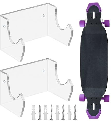 Skateboard Wandhalterung, Longboard Halterung Wand, Snowboard Wandhalterung für Wohnzimmer Garage Wand Skateboard Deck Display und Lagerung, Platzsparendes, Acryl, 2 Stück, Transparent