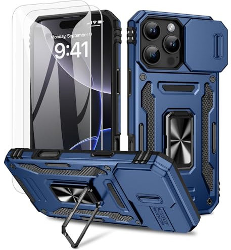 Doeshine for iPhone 16 Pro Case, 2 Pack Screen Protector, with Magnetic Ring Kickstand & Slide Camera Cover, Heavy Duty Outdoor Shockproof Military Drop Protection Case for iPhone 16 Pro (Navy)