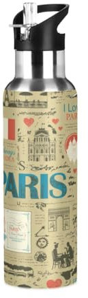Yopersonalizes Bouteille d'eau isotherme avec paille - 600 ml - Tour Eiffel de Paris - En acier inoxydable - Anti-fuite - Pour les voyages et les sports