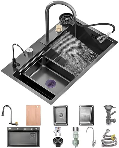 OMGMTSTORE Spüle Küche 75x50cm,Schwarz Anthrazit Wasserfall-Küchenspüle,Waschbecken Küche 1 Becken,Ausgussbecken in der Küche,Mit Ausziehbarem,Wasserhahn,Glasspüler,Abtropffläche,Ablaufgarnitur