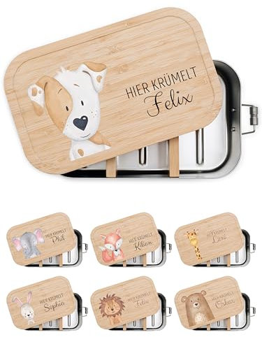 wunderwunsch® - Personalisierte Brotdose für Kinder - Robuste und Individuelle Edelstahl Brotdose mit Namen - Personalisierte Geschenke für Kinder (klein Edelstahl,Hund)