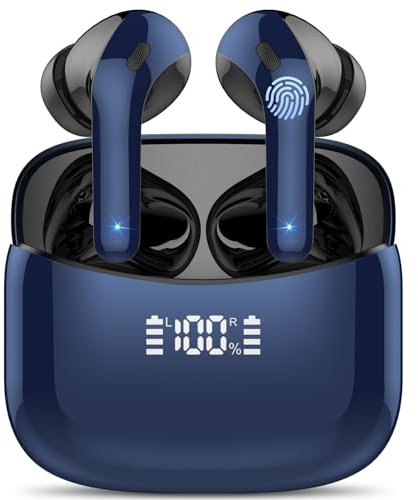 FAMOO Kopfhörer Kabellos Bluetooth,Bluetooth Kopfhörer 5.3, 2024 Letzte Kabellose Kopfhörer Noise Cancelling Earbuds mit 4 ENC Mic, LED-Anzeige, 52H Tiefer Bass, IP7 wasserdichte Ohrhörer (Blau)