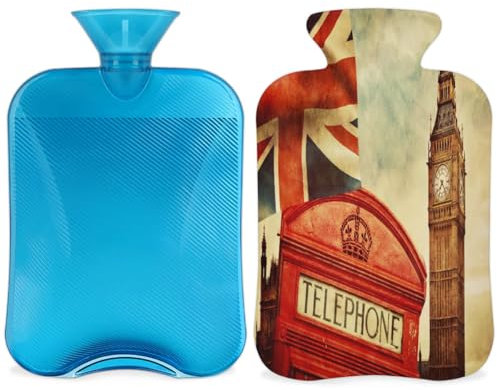 Vintage London Hot Water Bottle with Cover, Union Jack Pattern 2L Hot Water Bag for Pain Relief, Neck and Shoulder, Hand Feet Warmer