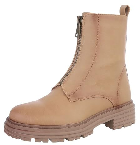 Ital Design Damen Stiefeletten mit Reißverschluss und Blockabsatz, runde Spitze, Hellbraun, Gr. 37