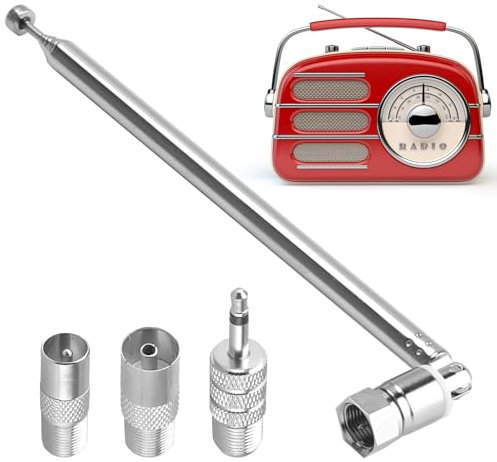 DAB Radio Aerial Antenna, 75 Ohm Telescopic Indoor FM Radio Antenna F Type Plug Connector with 3 Adapters for Table Top Radio HiFi AV Receiver