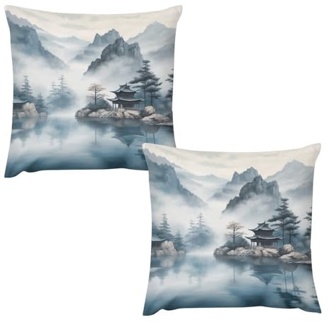 JTKBNVM Kissenbezüge mit asiatischer Landschaftsmalerei, superweich, dekorative Kissenbezüge für Sofa, Couch, Bett, quadratische Kissenbezüge für Wohnzimmer, Büro, 30,5 x 30,5 cm, 2er-Set