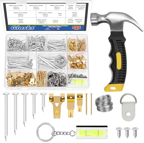 Glarks 568pcs Bild hängende Ausrüstung, hängende Hardware mit Haken, Draht, Nägel, D-Ring, Wand hängende Ausrüstung, Heavy Duty Bilderhänger Rahmen Haken Hardware