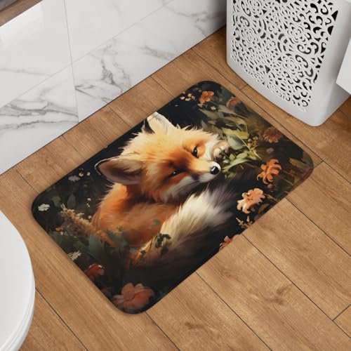Mexpekil Fußmatte mit Fuchs-Blumenmuster, 40 x 60 cm, rutschfeste Fußmatte, waschbar, saugfähig, Küchenmatte, Bodenmatte, Heimdekoration für drinnen und draußen
