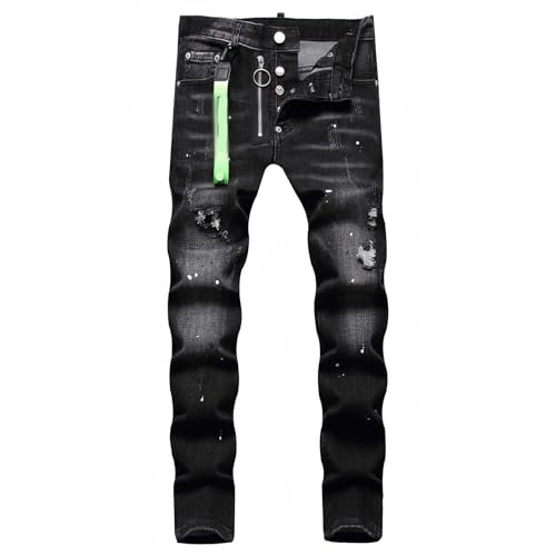 Jeans Uomo Jeans Uomo Slim Fit Strappati In Denim Stretch - Pantaloni Casual Con Design a Spruzzo Di Inchiostro, Stile Streetwear Y2k Salopette Uomo Jeans Pantalone Jeans Termico Uomo Invernale Nero