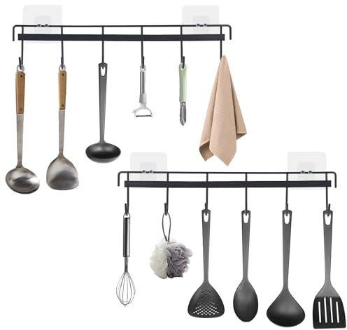 Nicola 2PCS Utensil Hangers with Hooks, Wall-Mounted Kitchen Utensil Holder, Utensil Rack, Bathroom Towel Hooks (#Black)