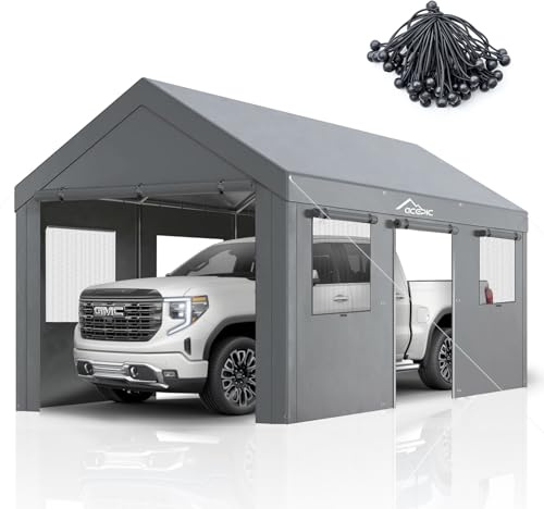 Acepic Cochera resistente de 10 x 20 pies con ventanas y puertas enrollables, garaje portátil con lona impermeable resistente a los rayos UV para todas las estaciones para coche, camión, barco
