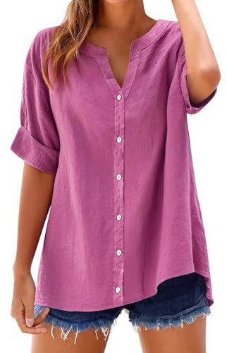 Womens Linen Tops Uk 2025 Short Sleeve Plus Size Shirts Summer Cotton Linen Button Down Blouses Solid Colour Ladies Casual V Neck Roll Up Sleeve Oversized Tees Loose Lightweight Dressy Blouses