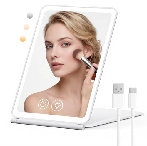 EYMUOBC Kosmetikspiegel mit Beleuchtung, mit 72 LED Leuchten, Dimmbar 3 Farblichter Schminkspiegel, Faltbar und 1500mAh USB Aufladbarer für Zuhause Reise, Perfekter Spiegel für Schminktisch Makeup