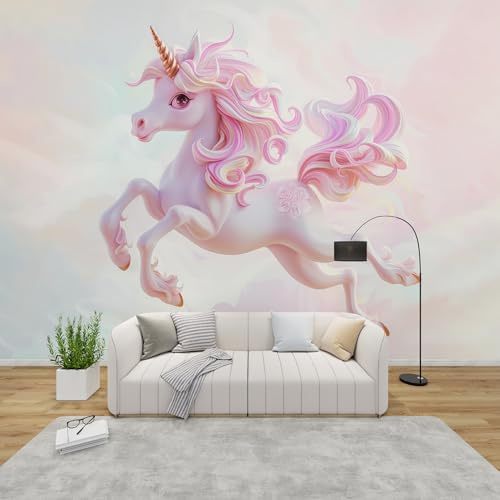 QEODAH 3D Tapete Einhorn Schlafzimmer, Fototapete Mädchen Süße Cartoon, Vliestapete Weiß Rosa, Tapeten Wohnzimmer Muster, Fantasy Tier Wand Deko Kinderzimmer, Wandtapete, Mustertapete Vlies 350x256 cm