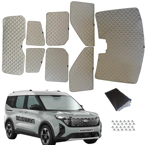 Rideaux intérieurs isolants pour Tourneo Courier II Active et Titanium - Isolant Thermique et occultant intérieur Gris - 8 pièces Fixation à ventouses.