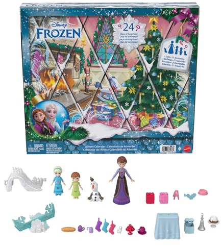 Mattel Disney Die Eiskönigin Adventskalender kleine Puppen Junge Anna und ELSA mit 24 Überraschungen, darunter Figuren von Olaf, Königin Iduna, Wippe und Rutsche, JLJ06