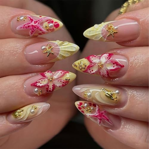 Giyehehi 30-piece pastel yellow medium-length almond-shaped false nails for summer with pink 3D design, tropical floral patterns and buttery yellow French tips