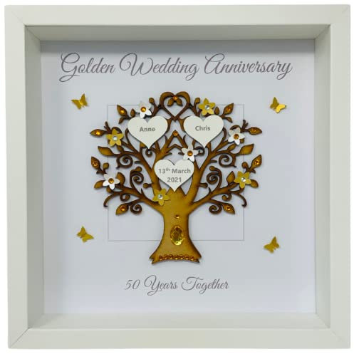 50th Anniversary Gift for Her Him, Personalised Handmade Frame, Golden Wedding Anniversary Gifts for Husband Wife Couple Parents Fiftieth 50 Years Together - Various Designs (Message)